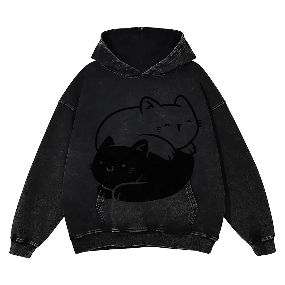 Ying Yang Cats Acid Wash Oversized Hoodie