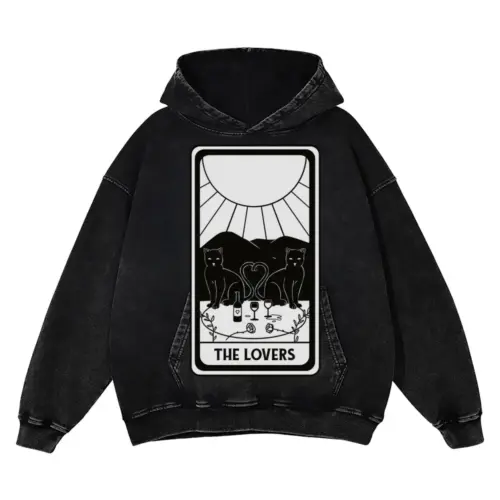 The Lovers Cat Tarot Card Acid Wash Oversized Hoodie