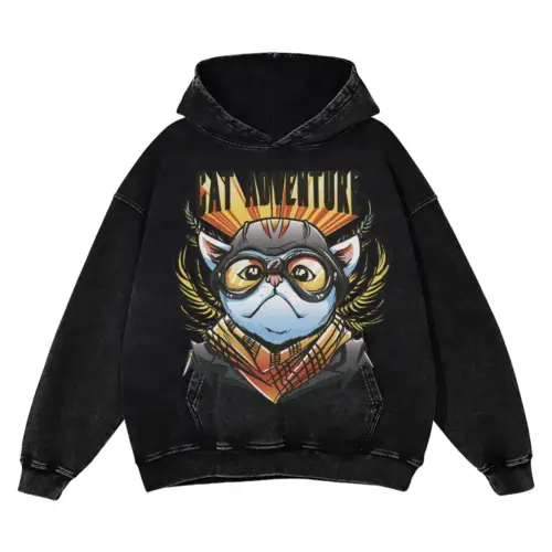 Adventure Cat Acid Wash Oversized Hoodie