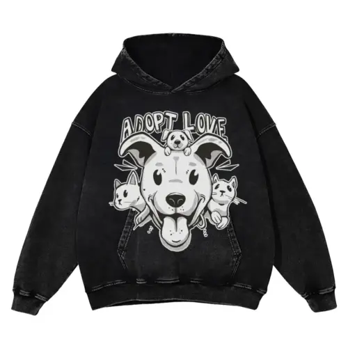 Adopt Cats Dogs Acid Wash Oversized Hoodie