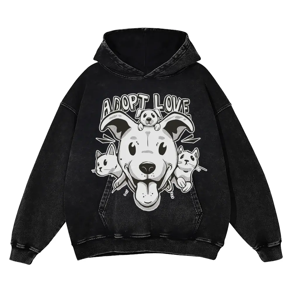 Adopt Cats Dogs Acid Wash Oversized Hoodie