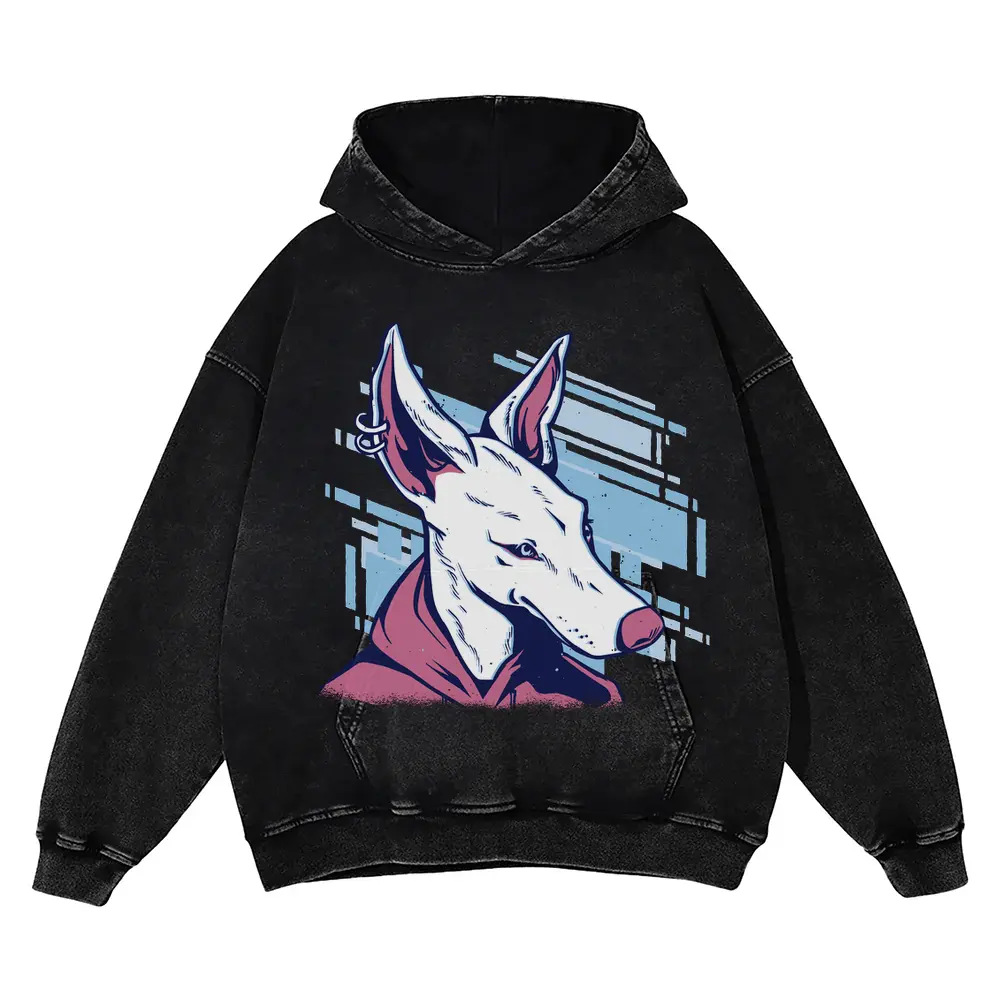 White Pink Dog Acid Wash Oversized Hoodie