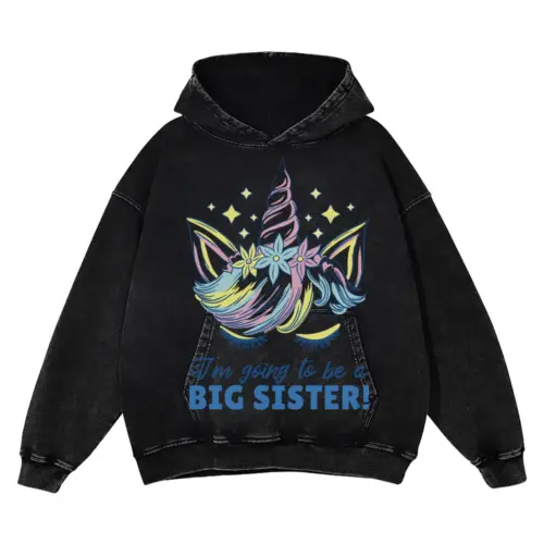 Big Sister Unicorn Acid Wash Oversized Hoodie