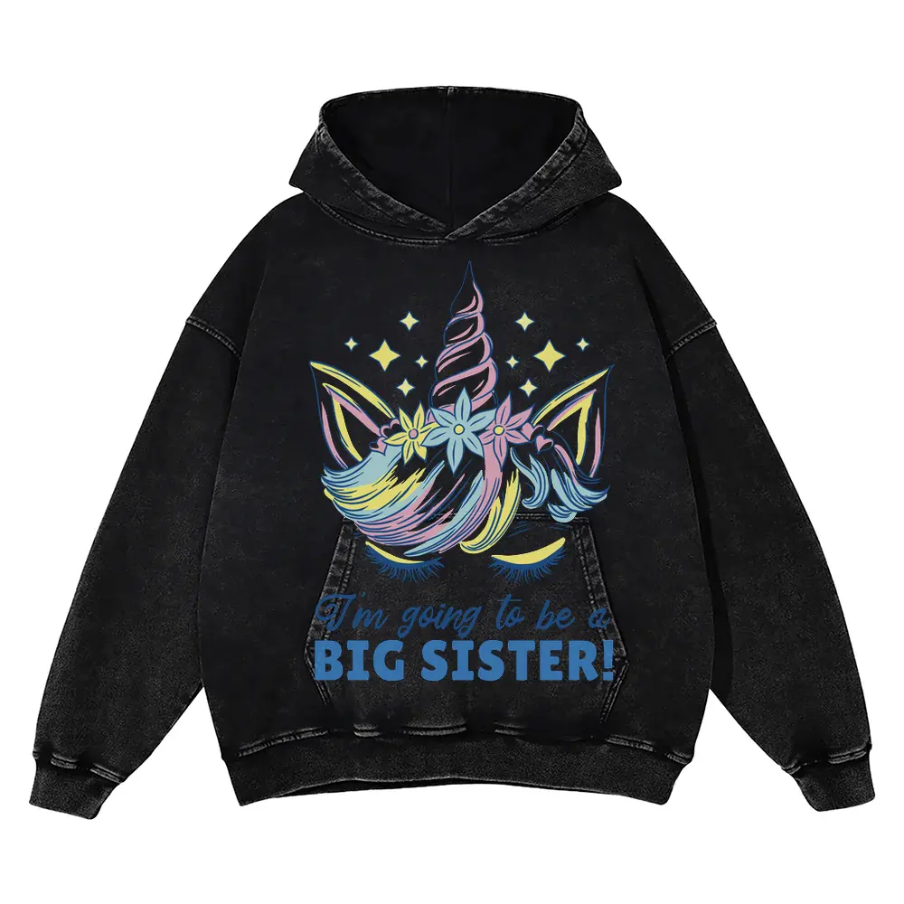 Big Sister Unicorn Acid Wash Oversized Hoodie