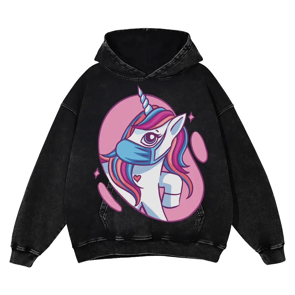 Cute Mask Unicorn Acid Wash Oversized Hoodie
