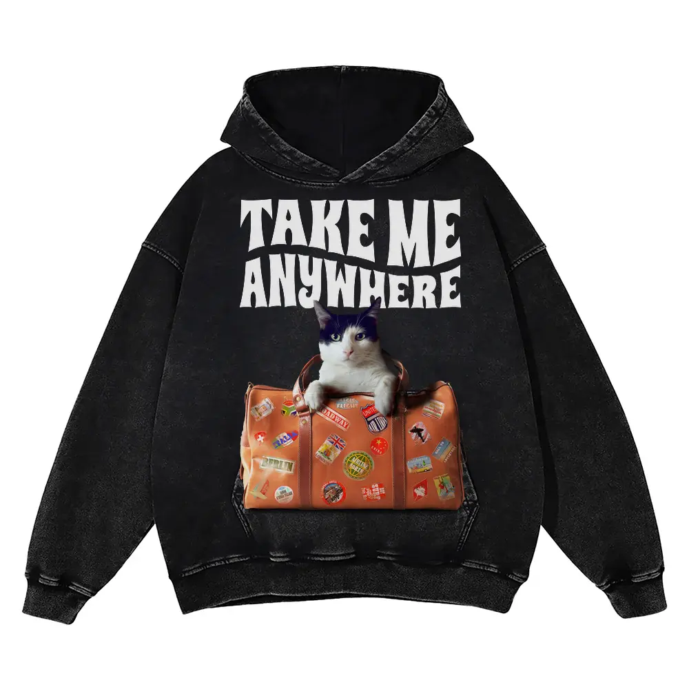 Wanderlust Cat Acid Wash Oversized Hoodie