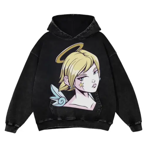 Angel Girl Anime Acid Wash Oversized Hoodie