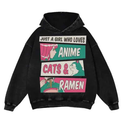 Anime Cats Ramen Acid Wash Oversized Hoodie