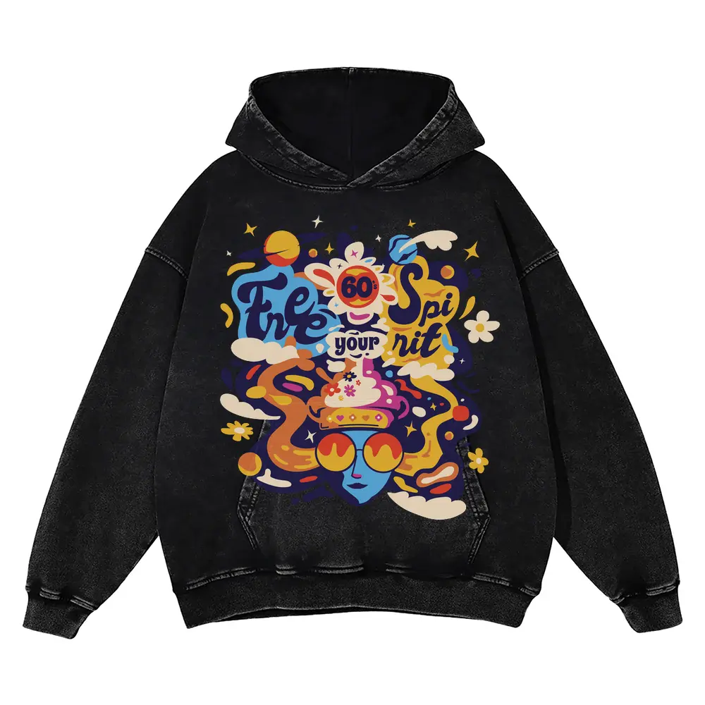 60 S Hippie Acid Wash Oversized Hoodie