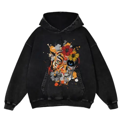Abstract Tiger Acid Wash Oversized Hoodie