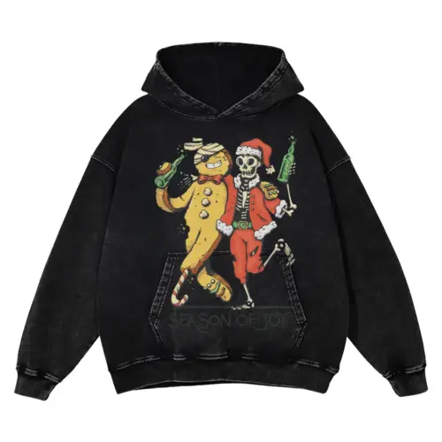 Anti Christmas Skeleton Santa Ginger Cookie Acid Wash Oversized Hoodie