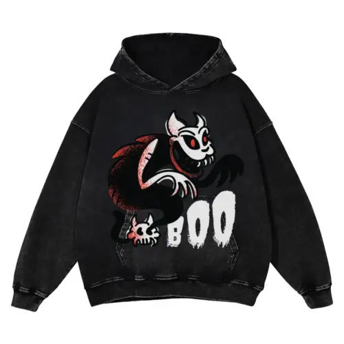 Boo Ghost Cat Acid Wash Oversized Hoodie