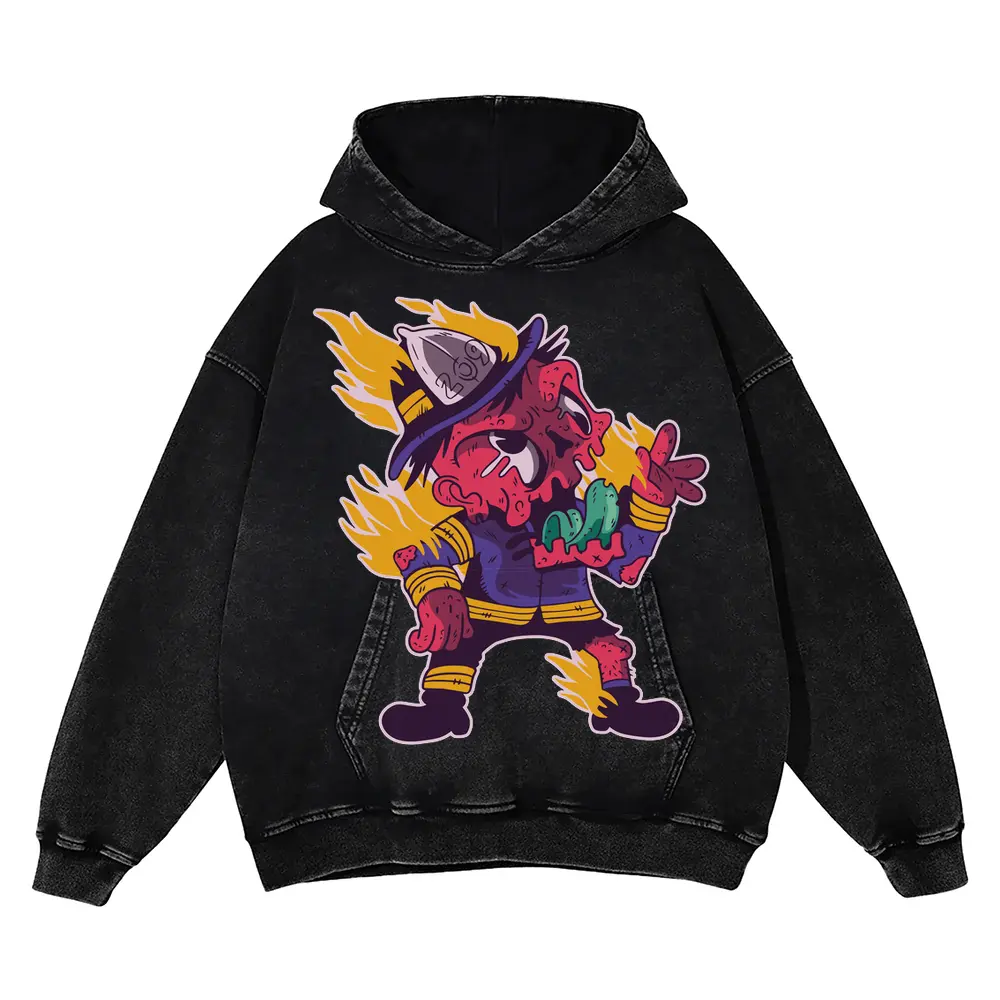 Zombie Firefighter Acid Wash Oversized Hoodie
