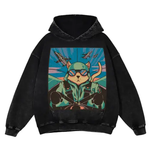 Airplane Cat Acid Wash Oversized Hoodie