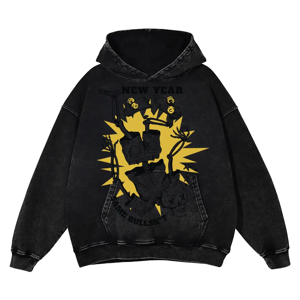 Anti New Year Same Bullshit Skeleton 2 T Acid Wash Oversized Hoodie