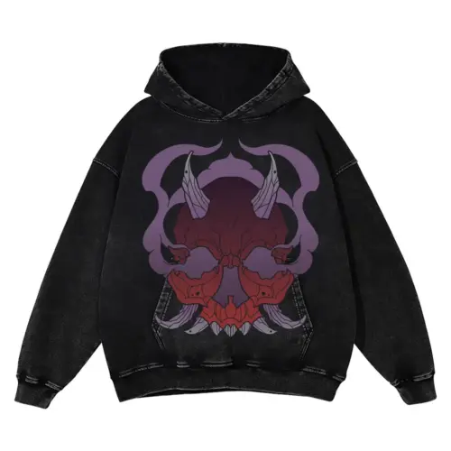 Demon Skull Halloween Acid Wash Oversized Hoodie