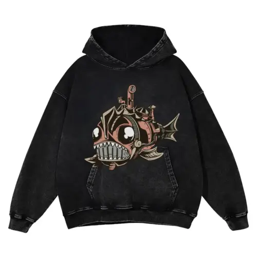 Fish Steampunk Acid Wash Oversized Hoodie
