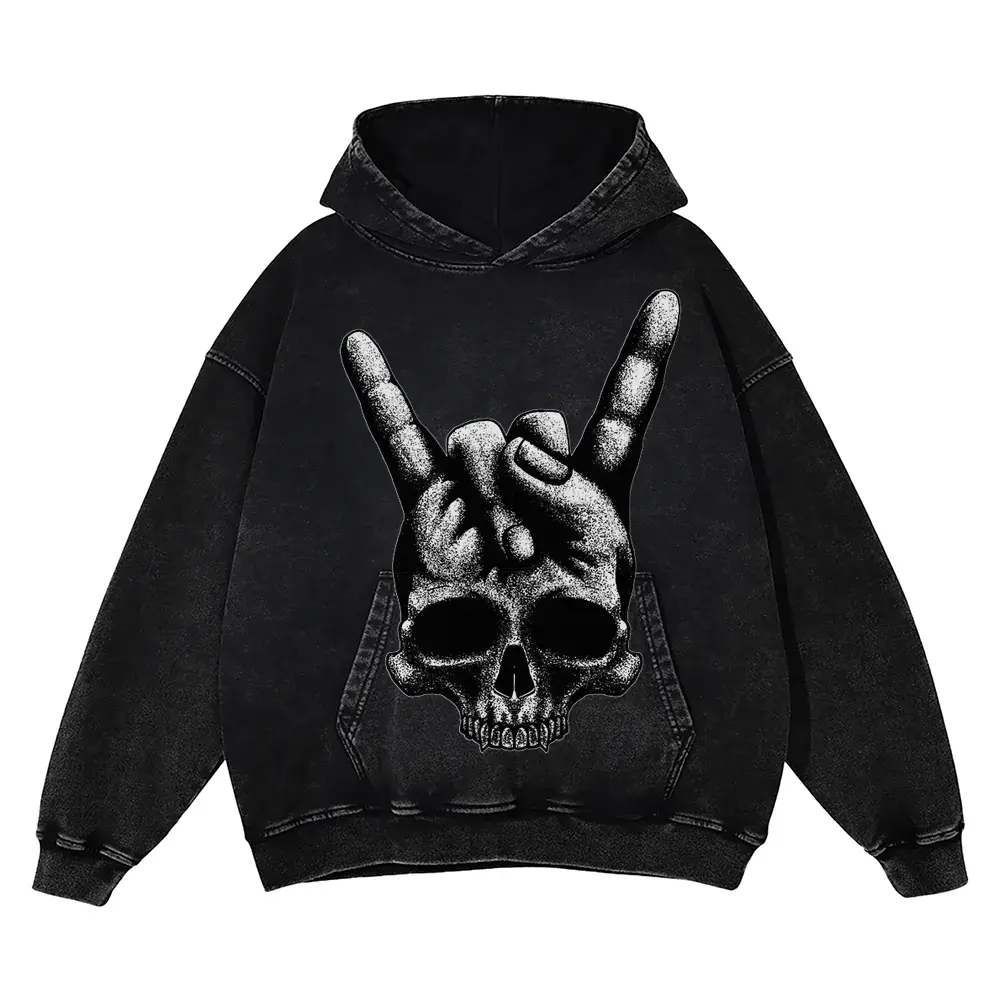 Heavy Metal Skull Acid Wash Oversized Hoodie