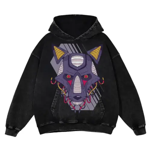 Robot Wolf Acid Wash Oversized Hoodie