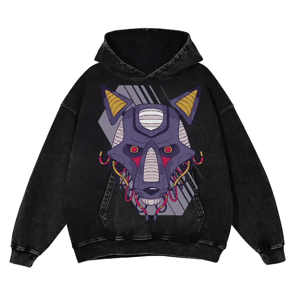 Robot Wolf Acid Wash Oversized Hoodie