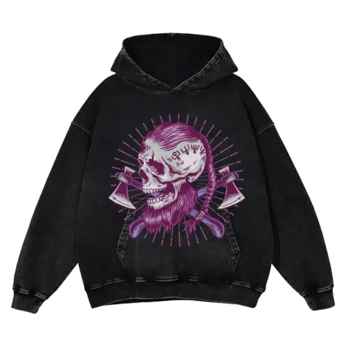Viking Skull C Acid Wash Oversized Hoodie