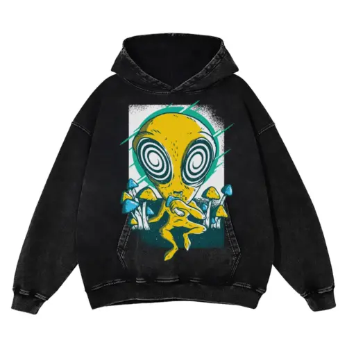 Alien Mushrooms 0 Hq Acid Wash Oversized Hoodie