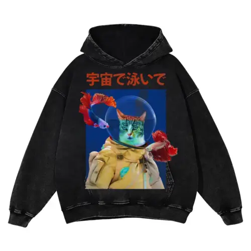 Trippy Cat Astronaut Acid Wash Oversized Hoodie
