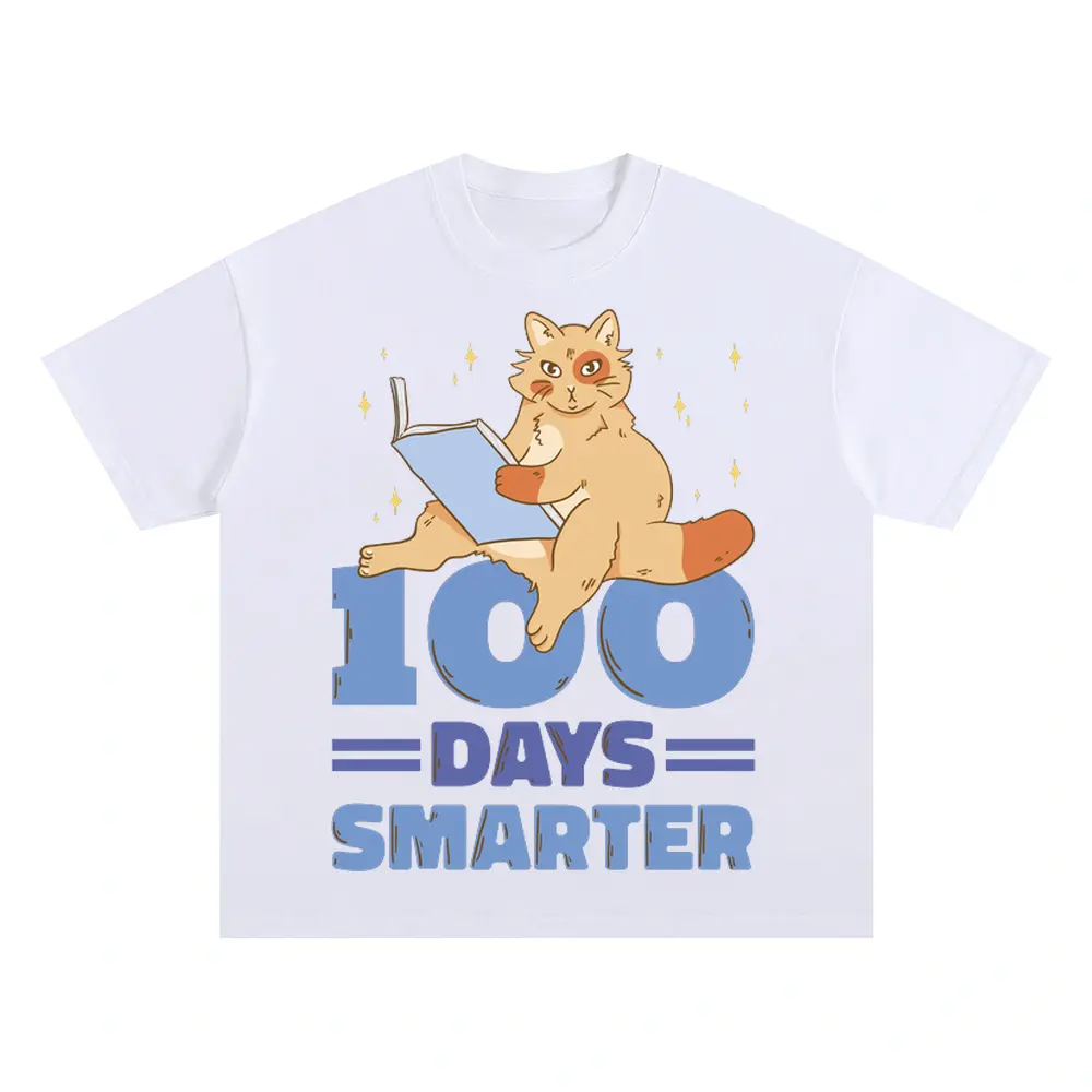 00 Days Smarter Cat Reading Oversized White Graphic Tee