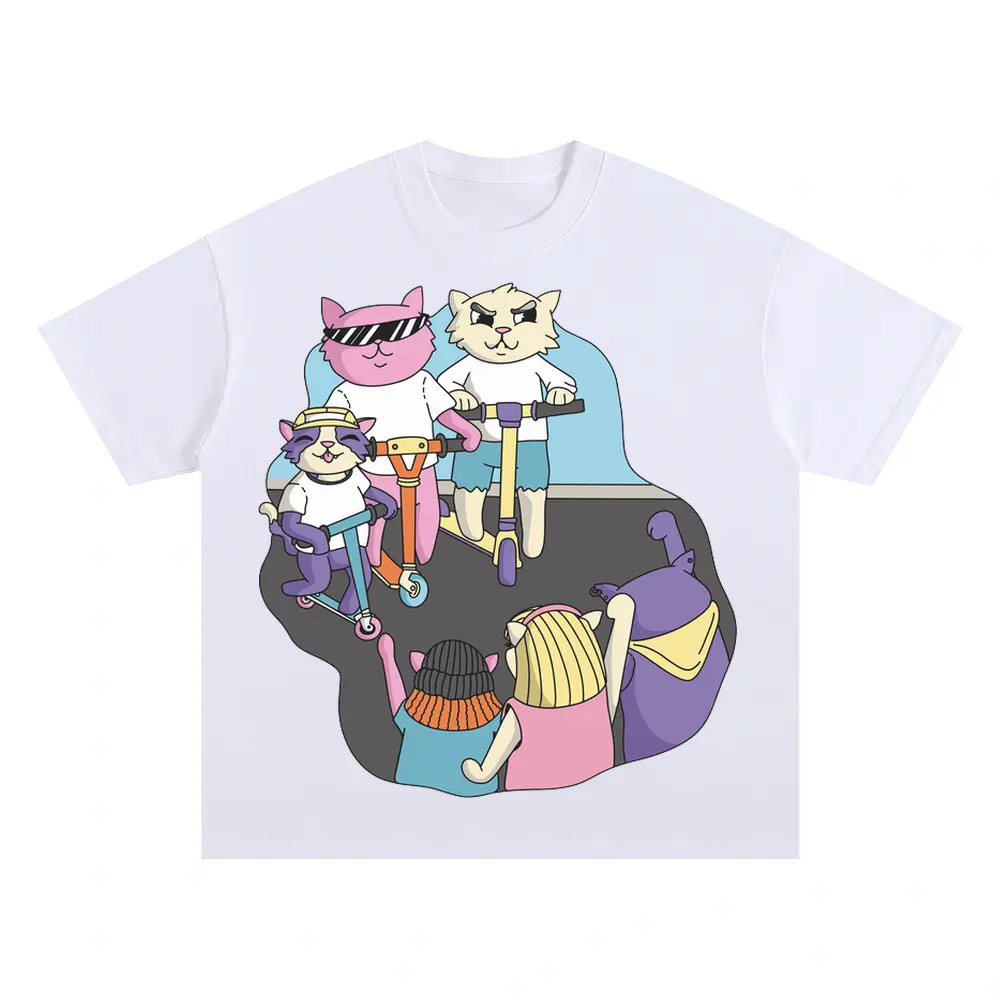 3 Scooter Cats Oversized White Graphic Tee
