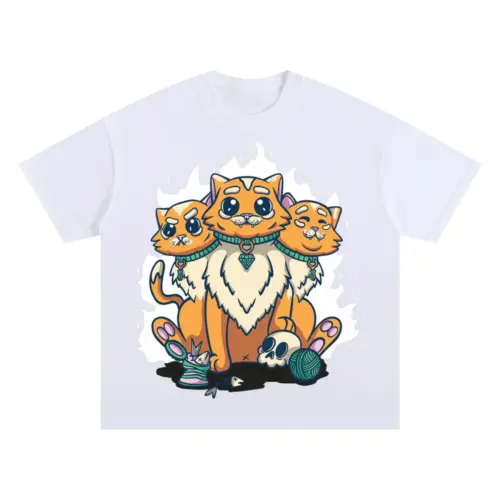 3 Head Cat Oversized White Graphic Tee