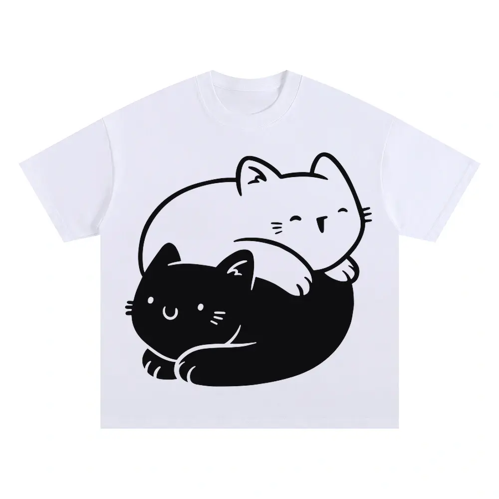 Ying Yang Cats Oversized White Graphic Tee