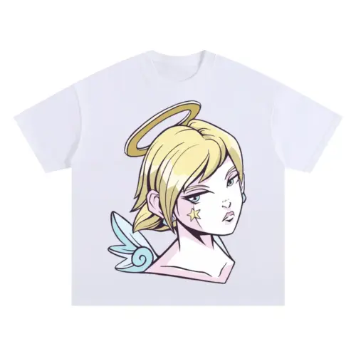 Angel Girl Anime Oversized White Graphic Tee