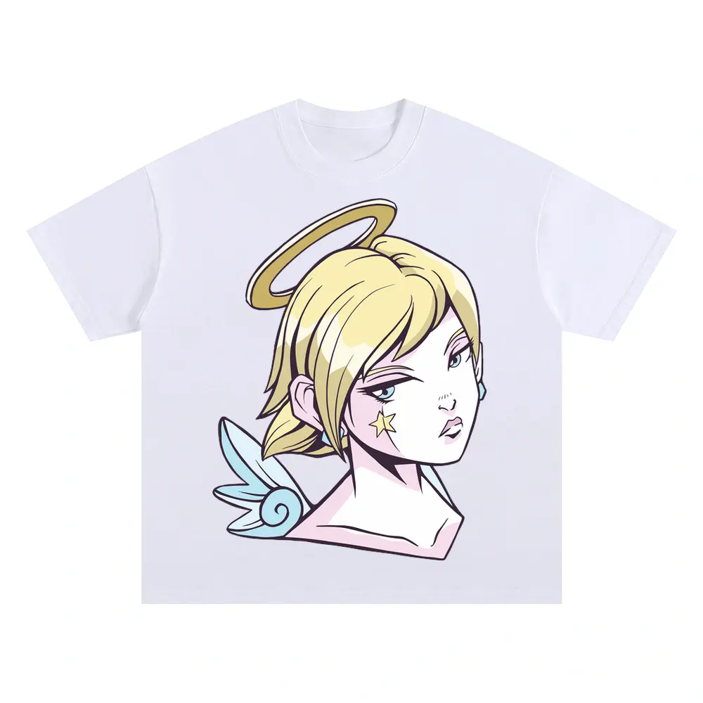 Angel Girl Anime Oversized White Graphic Tee