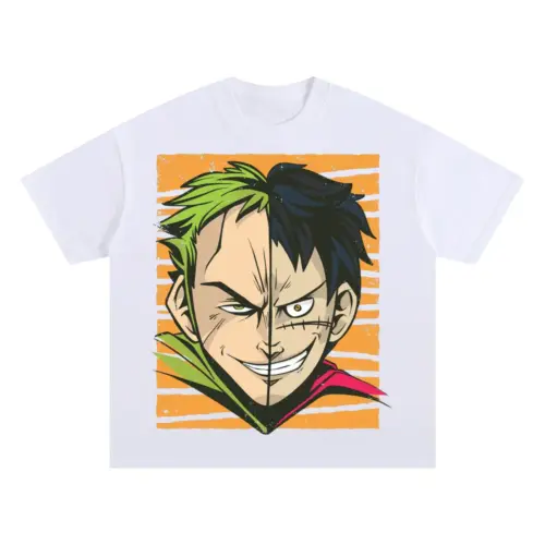 Anime Characters Faces Off Oversized White Graphic Tee