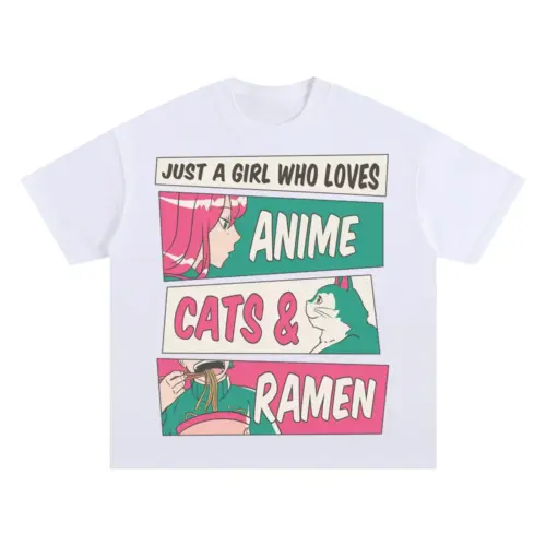 Anime Cats Ramen Oversized White Graphic Tee