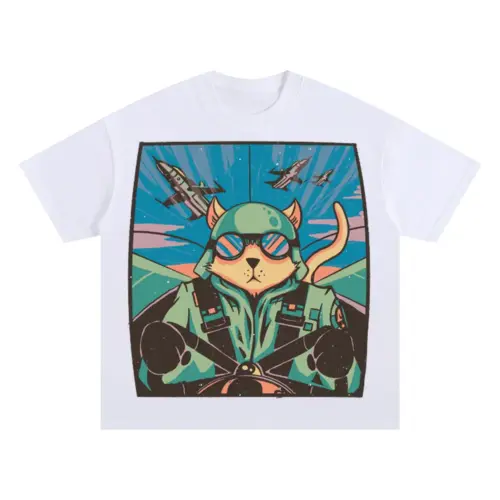 Airplane Cat Oversized White Graphic Tee