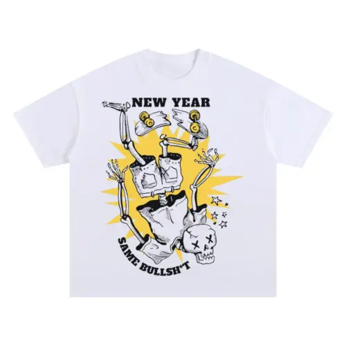 Anti New Year Same Bullshit Skeleton 2 T Oversized White Graphic Tee