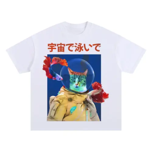 Trippy Cat Astronaut Oversized White Graphic Tee