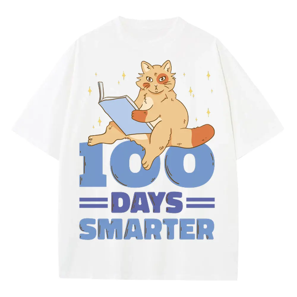 00 Days Smarter Cat Reading Heavyweight Oversized White Graphic Tee