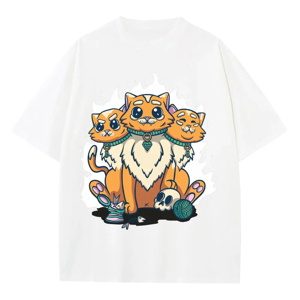 3 Head Cat Heavyweight Oversized White Graphic Tee