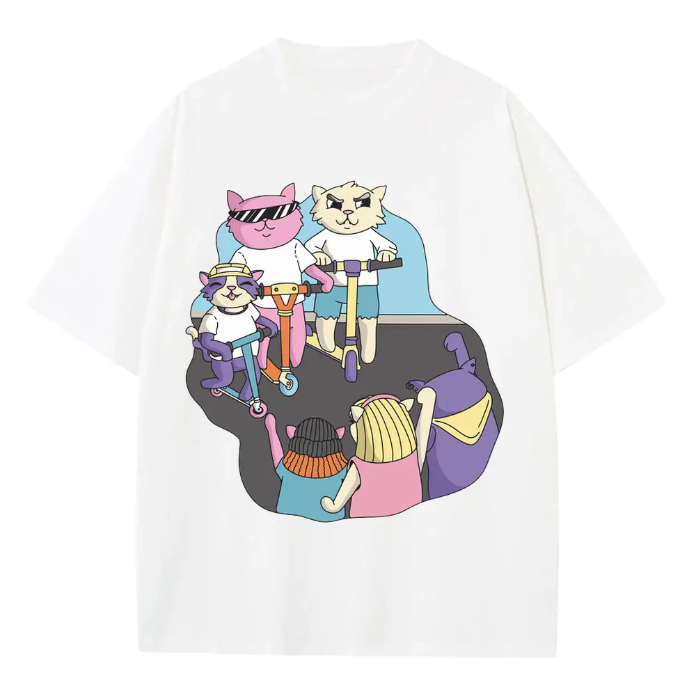 3 Scooter Cats Heavyweight Oversized White Graphic Tee