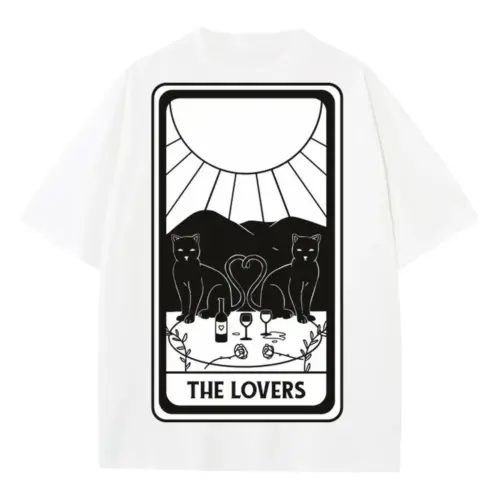 The Lovers Cat Tarot Card Heavyweight Oversized White Graphic Tee
