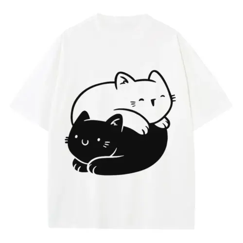 Ying Yang Cats Heavyweight Oversized White Graphic Tee