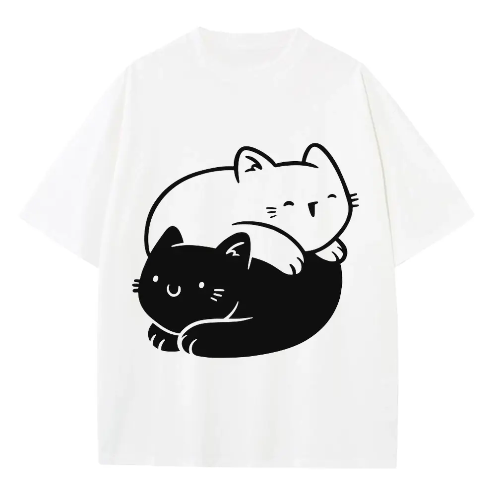 Ying Yang Cats Heavyweight Oversized White Graphic Tee