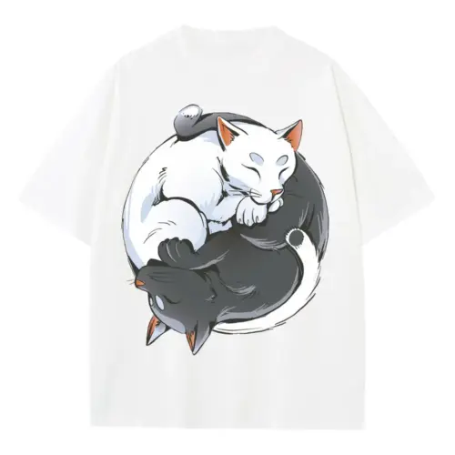 Zen Cats Ying Yang Heavyweight Oversized White Graphic Tee