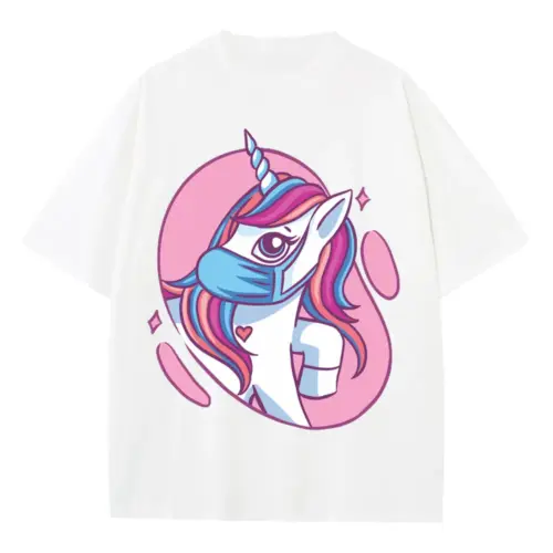 Cute Mask Unicorn Heavyweight Oversized White Graphic Tee