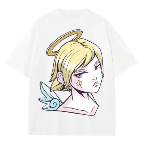 Angel Girl Anime Heavyweight Oversized White Graphic Tee