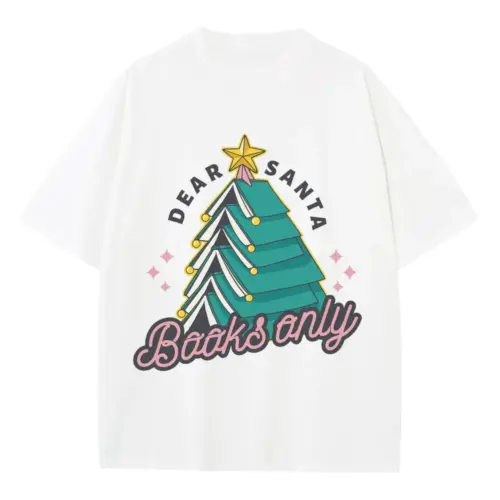 Booktree Christmas Heavyweight Oversized White Graphic Tee