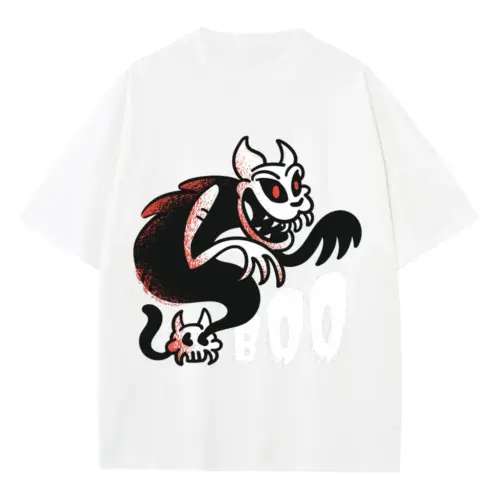 Boo Ghost Cat Heavyweight Oversized White Graphic Tee