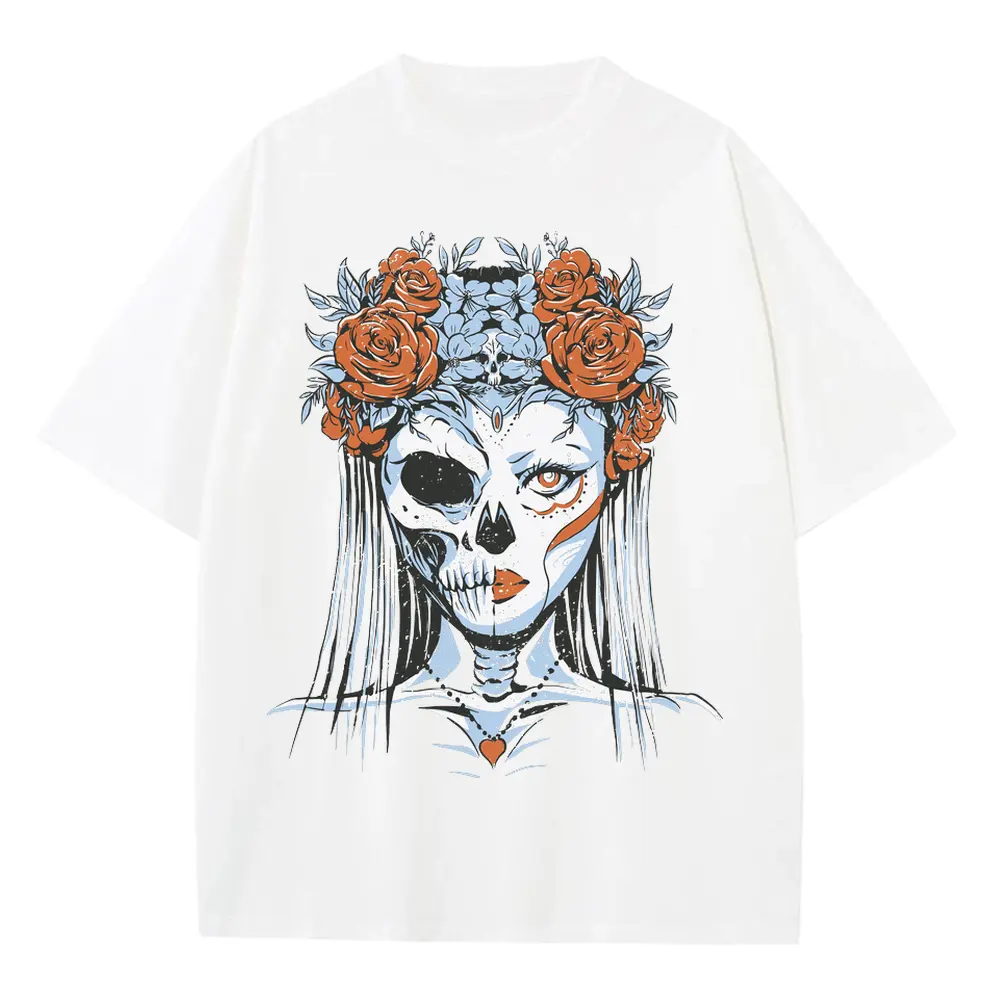 Half Skeleton Bride Heavyweight Oversized White Graphic Tee